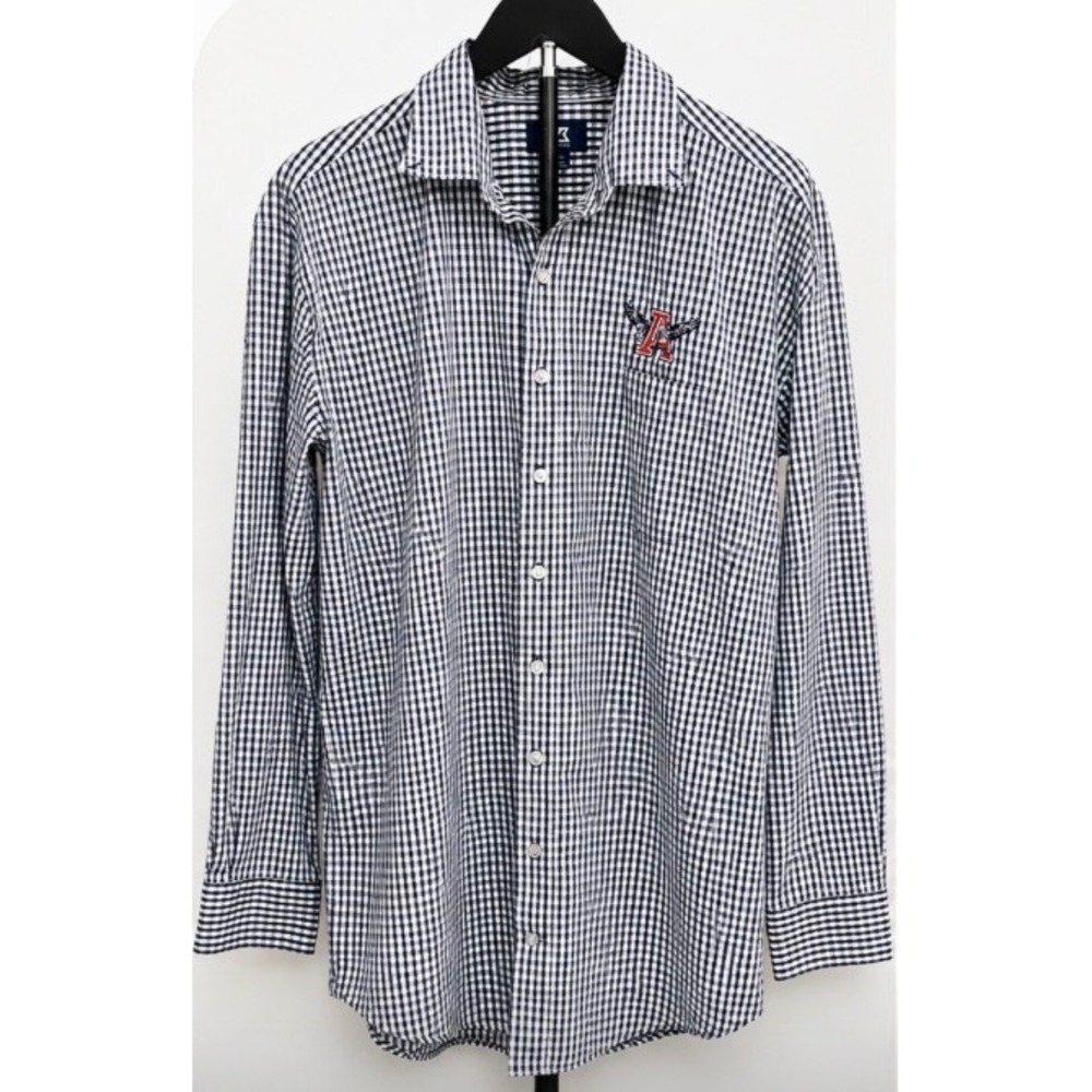 Cutter & Buck Mens LT Gingham Stretch Button Down Shirt Eagle Logo Navy White